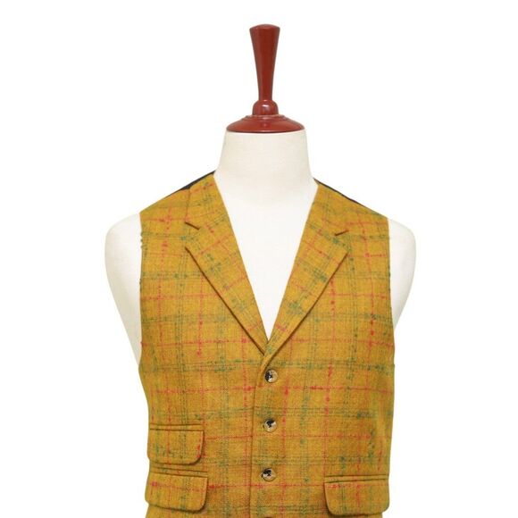 Mens Vest 44R Plaid Yellow Green Red Wool Lapel Waistcoat Formal Wedding Party - Picture 4 of 9